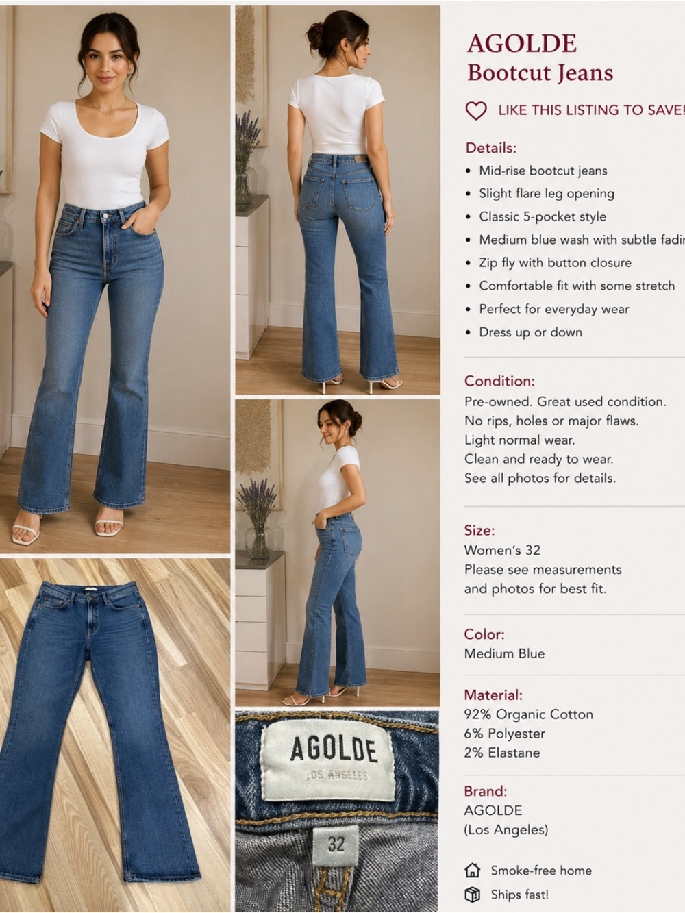 AGOLDE Medium Blue Mid-Rise Bootcut Jeans